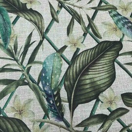 Kt KILOtela - Decorative Fabric Sold by the Metre, Digitally Printed - Viscose Linen - Width 280 cm - Length Selectable 50 in 50 cm | Flowers, Feathers - Green, Blue
