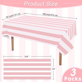 RuiYok 3 Packs Pink and White Striped Tablecloths 54 x 108 Inch Disposable Waterproof Plastic Table Covers Vertical Pink Striped Tablecloths for Birthday Party Baby Shower Wedding Outdoor Picnic