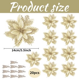 KYEDGC 20Pcs Gold Christmas Decorations, 10 Artificial Poinsettia Flowers with 10 Clips for Tree, Home, Party, Wedding, Festive Decor, 14 cm, Premium Material