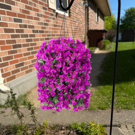Artificial Bougainvillea Faux Flowers Plants Baskets for Outdoor Outside Spring Decoration, 4 PCS Fake Silk Long Hanging Vines UV Resistant Realistic for Front Door Porch Patio Balcony, Purple