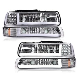CNNELL LED Headlights Assembly Compatible with Chevy Silverado 1999-2002/Fit Suburban Tahoe 2000-2006 Clear Lens Chrome Housing Amber Reflector Left Diver & Right Passenger Side Set
