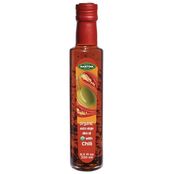 Mantova Organic Chili Flavored Extra Virgin Olive Oil 8.5 Oz, (Pack of 2) 100% Italian extra virgin olive oil, all designed to make cooking your favorite dishes easy and delicious. Infused with hot peppers brings just the right touch of spicy flavor to all kinds of dishes. Convenience, freshness, great taste.