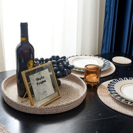 Woven Cotton Rope Round Placemats Set of 9 Pcs with Holder Included, Handmade Boho Woven 13" Placemats&4.3" Coasters,Non-Slip and Heat Resistant for Your Perfect Table Decor(Brown&White)