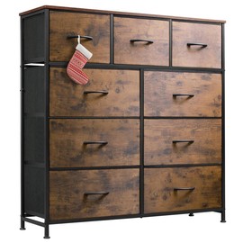 Fabric Storage Tower with 9 Drawers, Bedroom Drawer Dresser Organizer, Chest of Drawers with Fabric Bins, Steel Frame and Wood Top:_Brown