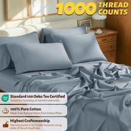 Shilucheng 100% Egyptian Cotton King Size Sheets Set - 1000 Thread Count，Luxury Cotton Bed Sheets，Breathable & Cooling Bedding and Pillow Cases, 16 Inch Deep Pocket - 6 Piece (French Blue, King)