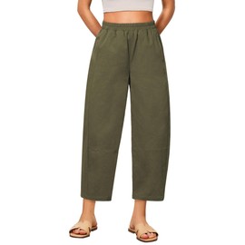 GRAPENT Womens Pants Elastic Waist Cotton Pull On Pants Barrel Leg Womens Pants for Work Pants for Women Trendy Women's Casual Pants Cotton Wide Leg Pants for Women Color Olive Small Size 4 to 6