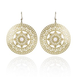 namana Large Round Statement Earrings for Women, Brushed Finish Big Dangle Earrings with Mother of Pearl, Large Drop Earrings for Women, Gold Dangle Earrings for Women