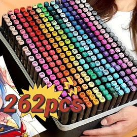 24/60/120/168 Color Alcohol Markers, Dual Tip Art Markers. Drawing pens for adult artists for drawing, sketching, coloring, highlighting, illustration, animation design and art sketching, student gift - Color: 262pcs