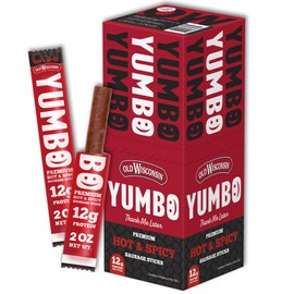 YUMBO Hot & Spicy Summer Sausage Sticks, High Protein Snacks, Gluten-Free, Low Carb, Keto, Ready-to-Eat, 2 oz Meat Sticks, 20 Count Pack