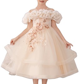 Zvzio Girls' Special Occasion Dresses with Cloud Shoulder Design, Mid-Length Easter Dress for Girls Champagne