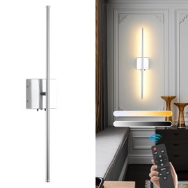 LED Wireless Battery Operated Wall Sconces, 11000mAh Rechargeable Chrome Wall Lights with Remote Control, 350°Rotate Dimmable Wall Lamp, 3 Color Temperatures, for Bedroom Living Room Hallway, 1 PCS