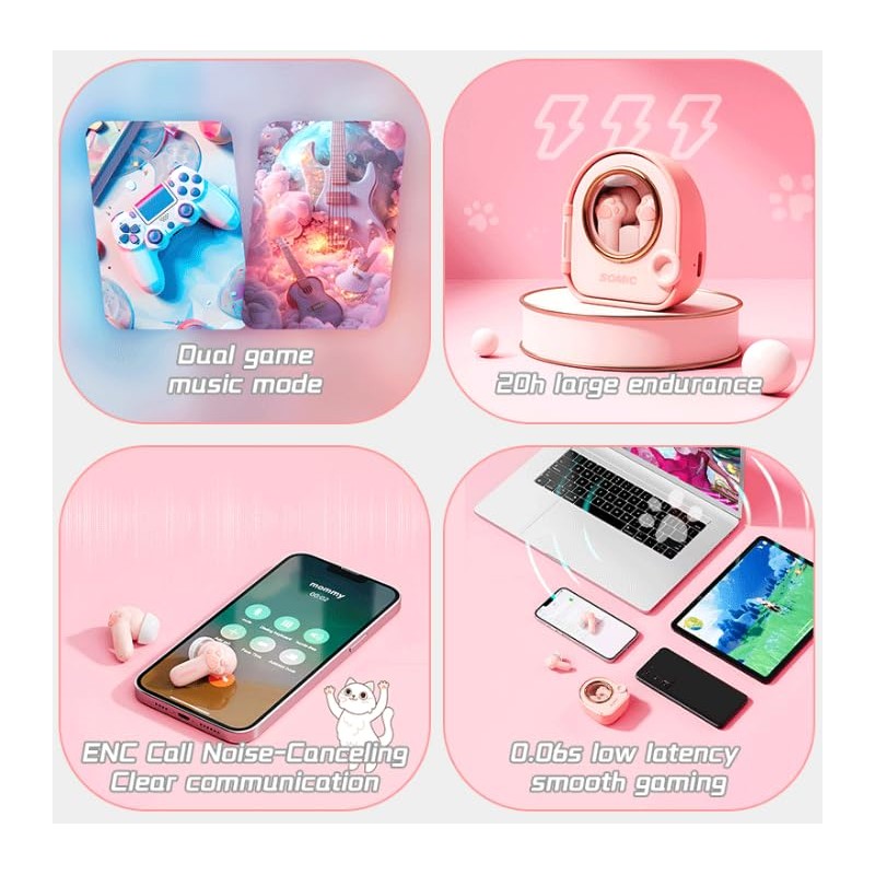Cute Cat Claw Bluetooth5.4 Earphones, Wireless Earphones with 0.06s Low
