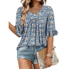 ROSELINLIN Plus Size Tops for Women 3/4 Half Sleeve Shirts Floral Tunic Tops Ladies Blouse Tops Summer Outfits Flower Sea 3XL