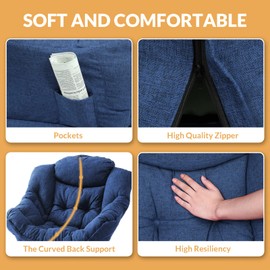 WARMHOL Living Room Single Lazy Chair with Ottoman, Modern Cotton Fabric Upholstered Armchair, Accent Contemporary Lounge Chair, Single Steel Frame Leisure Sofa Chair with Armrests and Pocket(Blue)