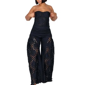 Sezhgswd Women 2 Piece Lace Set Crop Strapless Corset Tube Top Hollow Out Eyelet Barrel Pants Party Jumpsuit Outfits