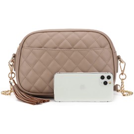 lola mae Quilted Crossbody Bag, Medium Lightweight Shoulder Purse Top Zipper Tassel Accent Taupe Purse (Taupe)