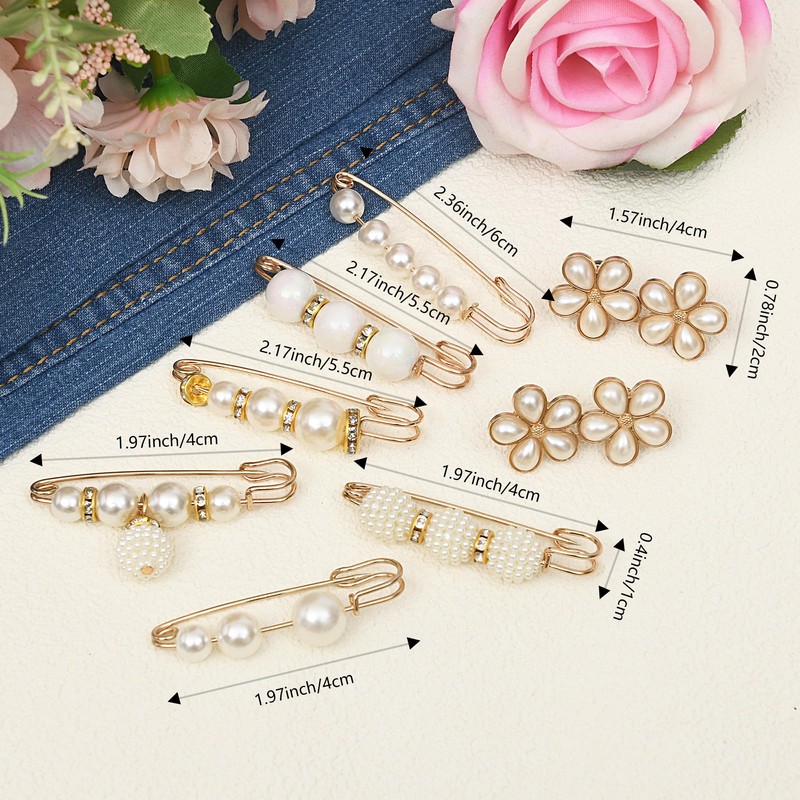 12PCS Pearl Pin-Style Waist Tighteners Decorative Brooch Clips Safety Pin