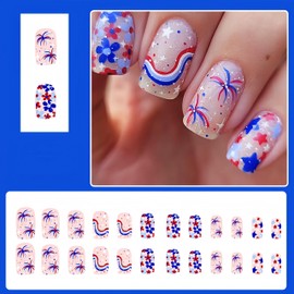 4th of July Press on Nails Red Blue Flower Short Square Fake Nails with Firework Star and Blue Red Stripe Designs False Nails Patriotic Full Cover Acrylic Nails for Women Independence Day Nails Decor