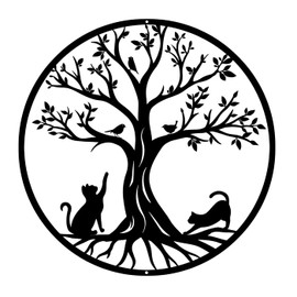 Pduoduo Black Metal Tree of Life Wall Decor Silhouette Art(with cat and bird) for Gift Present Indoor Outdoor Garden Home Decoration (11.8in)