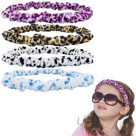 FROG SAC 4 Cheetah Spa Headbands for Girls, Stretch Ruched Scrunchie Head Bands for Teens, Kids Thin Leopard and Cow Animal Print Headband Head Wraps, Elastic Hair Accessories, Girl Hairbands