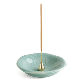 Dostende Incense Holder, Lotus Leaf Incense Stick Holder, Ceramic Incense Burner Tray with Brass Holder Korean Celadon Incense Burner
