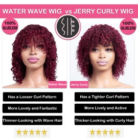Mjiokii Short Curly Wigs for Black Women Human Hair Glueless with Bangs 99J Burgundy Wig Human Hair Bob with Bang 100% Brazilian Human Hair Bang Wig 180 Density Ombre Wine Red Colored 12 Inch