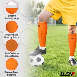 LUONT - Soccer Shin Guards for Men, Women & kids | Protective Football Soccer Pads with Superior Impact Absorption, Breathable, & Lightweight | Football Shin Guards Sleeves (XS, Orange)