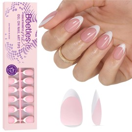 Beetles French Tips Press On Nails: 224 Pcs Pink French Tip Nails Short Almond Fake Nails, Soft Gel Nail Tips False Nails Art DIY For Women,16 Sizes