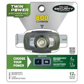 Police Security Twin Power 800 Lumen LED Headlamp - Rechargeable & Alkaline Dual-Power, Water-Resistant, Impact-Resistant with USB-C Charging