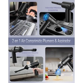 Air Comprimido Electrico,51000 RPM Sopladora de Aire Multiusos,2en1 Plumero de Aire&Aspirador Comprimido Recargable,Compressed-Air-Duster para Computadora Principal,Teclado,Sofá,Ventana,Automóvil