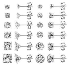 ALEXCRAFT Silver Hypoallergenic Stud Earrings for Women Men Stainless Steel Cubic Zirconia Earring Set for Multiple Piercings 12 Pairs(3, 4, 5, 6, 7, 8 MM)