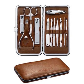 FAMILIFE Manicura Kit de Pedicura Profesional Juego de Cortaúñas Hombres 12 Piezas Kit de Aseo con Lujoso Cuero Estuche de Viaje (D-Marrón) Traje de Regalo