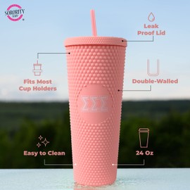 Sororiy Shop Tri Delta Studded Tumbler with Straw - 24 Oz Tumbler with Lid and Straw, Matte Coral, Reusable Plastic Cup with Screen Printed Greek Letters for Water, Ice Coffee or Any Drink