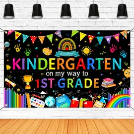 Mocsicka Kindergarten Graduation Backdrop Banner, Goodbye Kindergarten On My Way to 1st Grade, Class of 2026 Kindergarten Graduation Party Decoration, 70.8x43.3 Inch Black Kindergarten Grad Backdrop