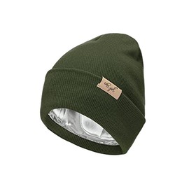 Curly Girl - Gorro de punto con forro de satén para mujer, acrílico, para invierno, suave, cálido, unisex, con puños, Verde, Talla única