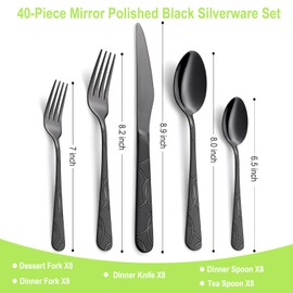 GoGeiLi 40-Piece Black Flatware Set, Stainless Steel Cutlery Set Service for 8, Frost Finish Mirror Polished Silverware Includes Knife Fork Spoon Set, Dishwasher Safe
