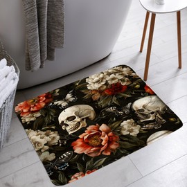 KTGHA Sugar Skull Floral Bath Mat Spooky Halloween Gothic Flower Butterfly Skeleton Plant Vintage Mystical Bathroom Bathtub Floor Rugs Doormat Toilet Decor,18 x 30 in