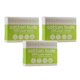 600 Pieces - CS Beauty Biodegradable Cotton Buds with Paper Stems, (3 Packs of 200), White - Ear