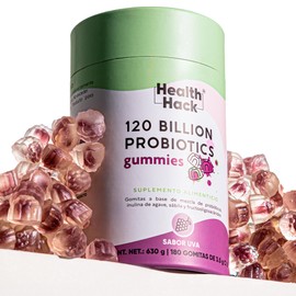 Gomitas de Probioticos 120 Billones y 14 Cepas sabor Uva | 180 gomitas para 3 meses, con Inulina de Agave, Enzimas Digestivas y Prebioticos | Ingredientes Naturales, Sin Azúcar | Health Hack