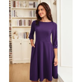 GRACE KARIN Women's Fit and Flare Work Dress 2025 3/4 Sleeve Elegant Cocktail Dresses Church Office Dress Purple L