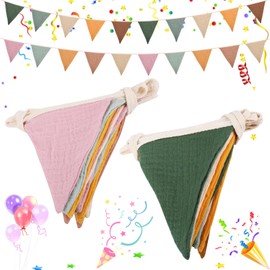 Begpoee Pack of 2 2.6 m Bunting Fabric, Colourful Bunting Children's Room, Muslin Fabric Garland for Children's Room, Bunting Outdoor Double-Sided, for House Bed, Baby Bed, Children's Bed, Wall