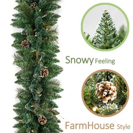 HomeKaren Christmas Garland Prelit 9 Ft Battery Operated with 50 Lights, Pine Cone and Snow Style Xmas Garland, Christmas Decor Indoor Outdoor