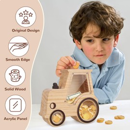 Wooshwa Wooden Money Box for Kids, Cute Tractor Piggy Bank for Boys, Creative Kids Money Saving Box with DIY Stickers and Erasable Pen, Unbreakable Coin Bank for Birthday Christmas Christening Gift