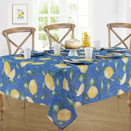Newbridge Mediterranean Lemon Zest Indoor/Outdoor Print Fabric Tablecloth, French Provence Blue and Yellow Lemon Design Water and Stain Resistant Tablecloth, 60 Inch x 120 Inch Oblong/Rectangle