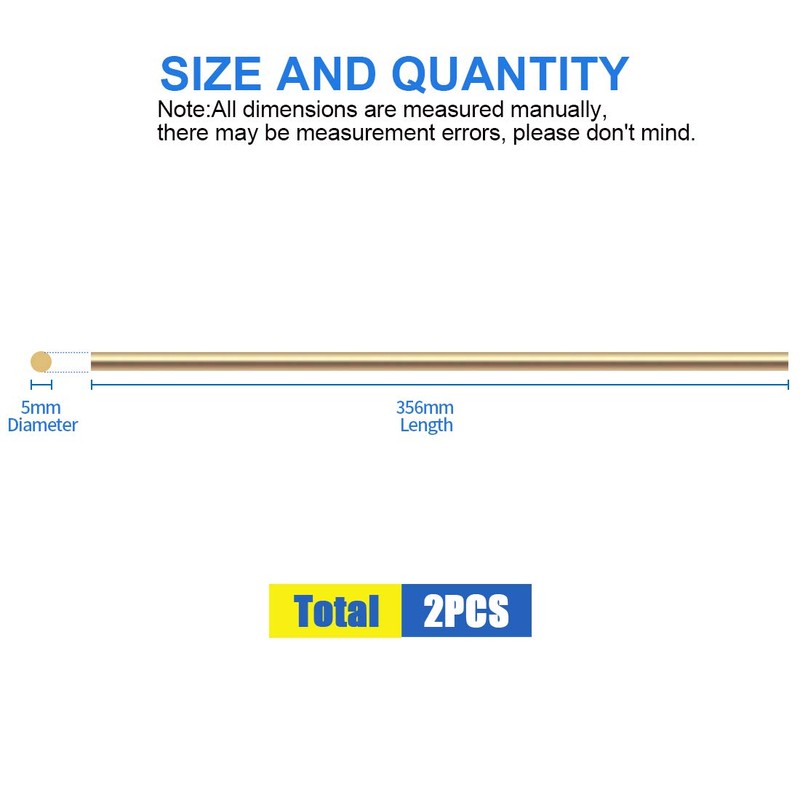 Glarks 2Pcs 5mm x 356mm Brass Straight Solid Round Rod
