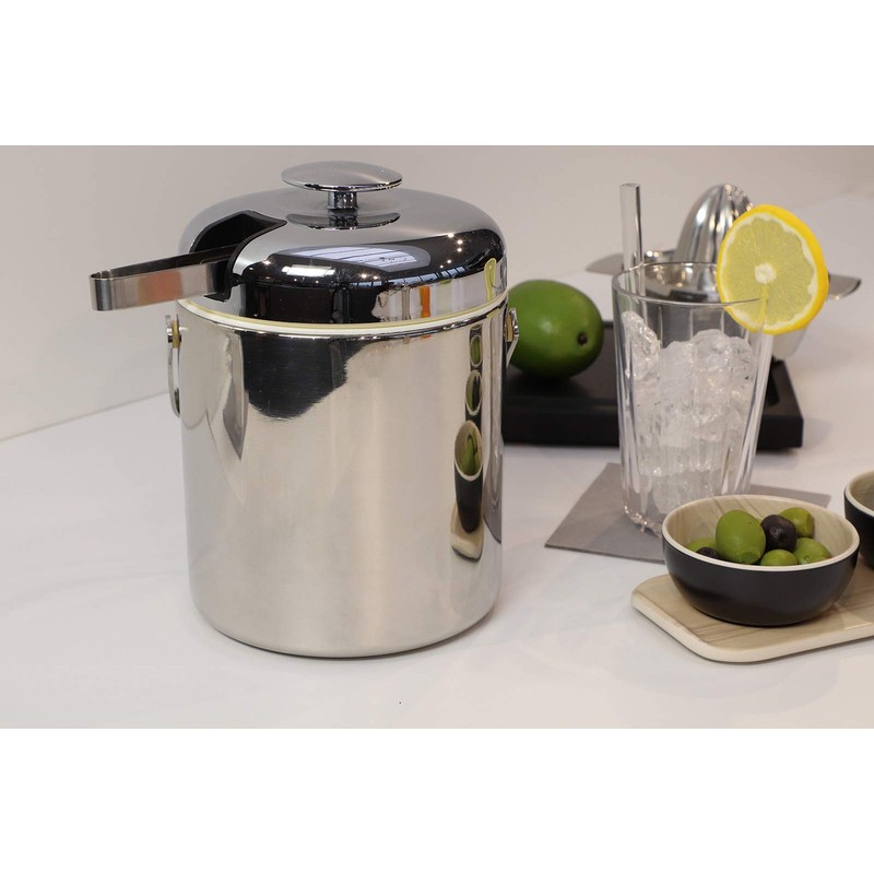 APS Ice Bucket Set with Tongs, Stainless Steel, Silver, 14