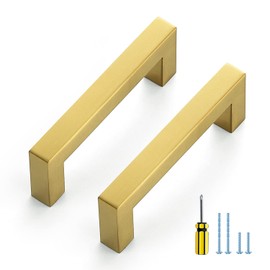 Ravinte 5 Pack Gold Cabinet Pulls 3-1/2 Inch Brushed Brass Kitchen Cabinet Handles Gold Square Kitchen Hardware for Drawer Pulls Come with Screwdriver
