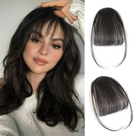 RPAEOY Clip in Pony Haare Haarverlängerungen Flat Bang mit Schläfen Echthaar Front Face Fringe Pony Haarteile Pony Extension für Frauen das Tägliche Tragen (Bräunlich-schwarz)