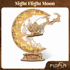 FUNPOLA LED 3D Wooden Puzzle Night Flight Moon, DIY Craft Kit Festive Nightlight for Home Décor, Unique for Teens and Adults - Color: Maple Wood - Light Tone