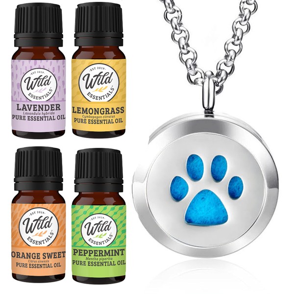 Wild Essentials Dog Paw Essential Oil Diffuser Necklace Gift Set Includes Aromatherapy Pendant, 24" Stainless Steel Chain, Refill Pads and 100% Pure Oils (Lavender, Peppermint, Inner Calm and Zen)